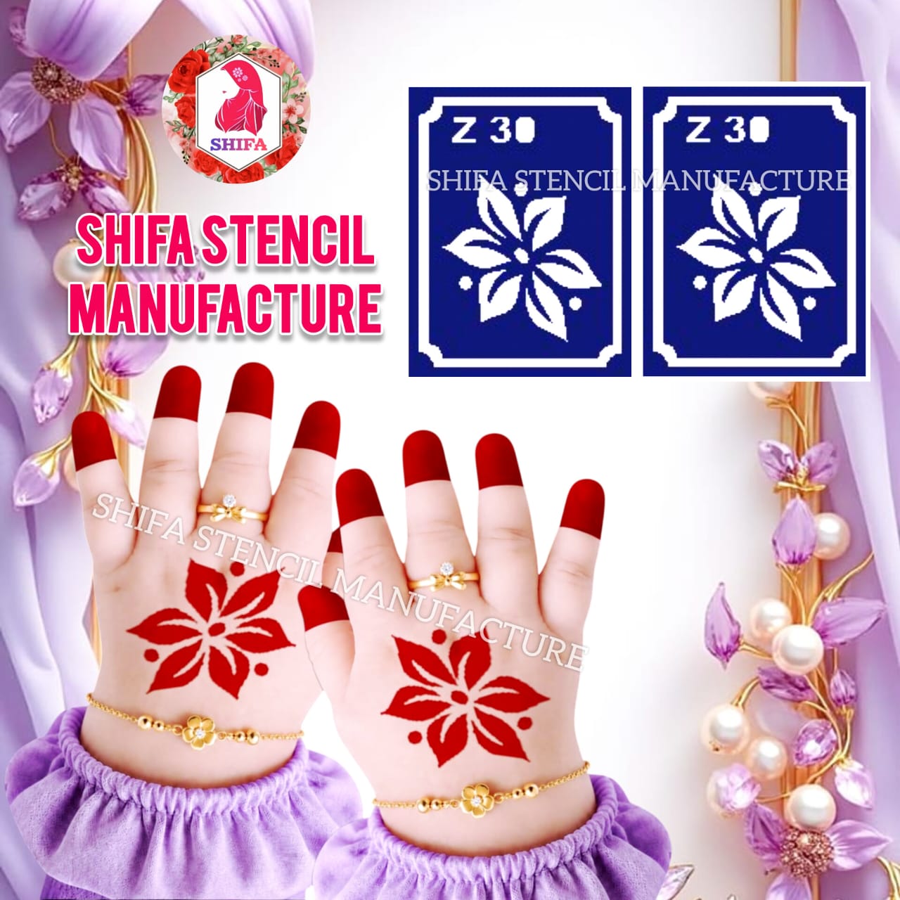 Z 30 Festive 6-Petal Starburst Stencil Sticker overview Henna Stencil - Shifa Stencil